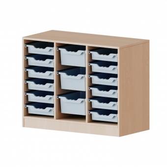 ErgoTray Regal, 3reihig, 2 OH, rechts+links je 6 flache, mittig, 3 hohe Boxen, B/H/T 104,5x82x40cm 